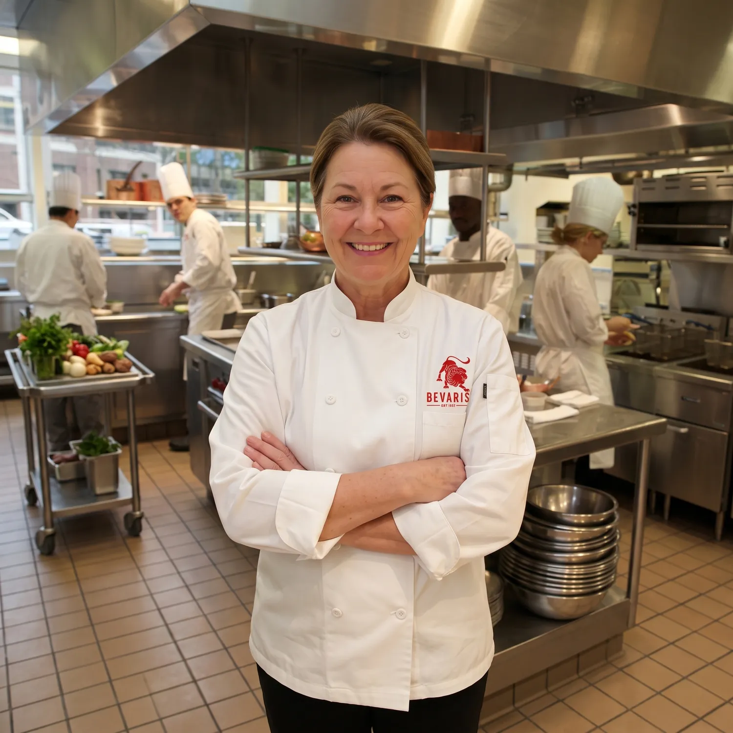 A smiling chef wearing a Bevaris Alliance-branded chef coat, with arms crossed in front of a school kitchen.