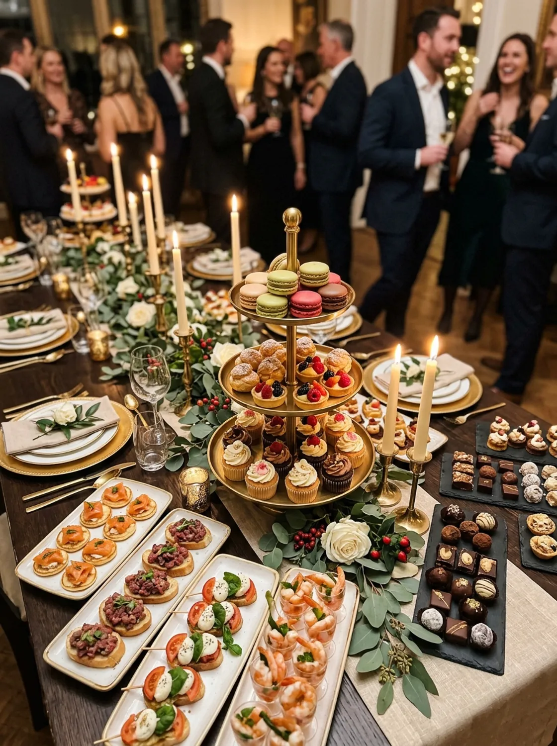 Hands clinking coupes over a truffle-and-dessert display with a gold-accented tablescape and warm candle glow.