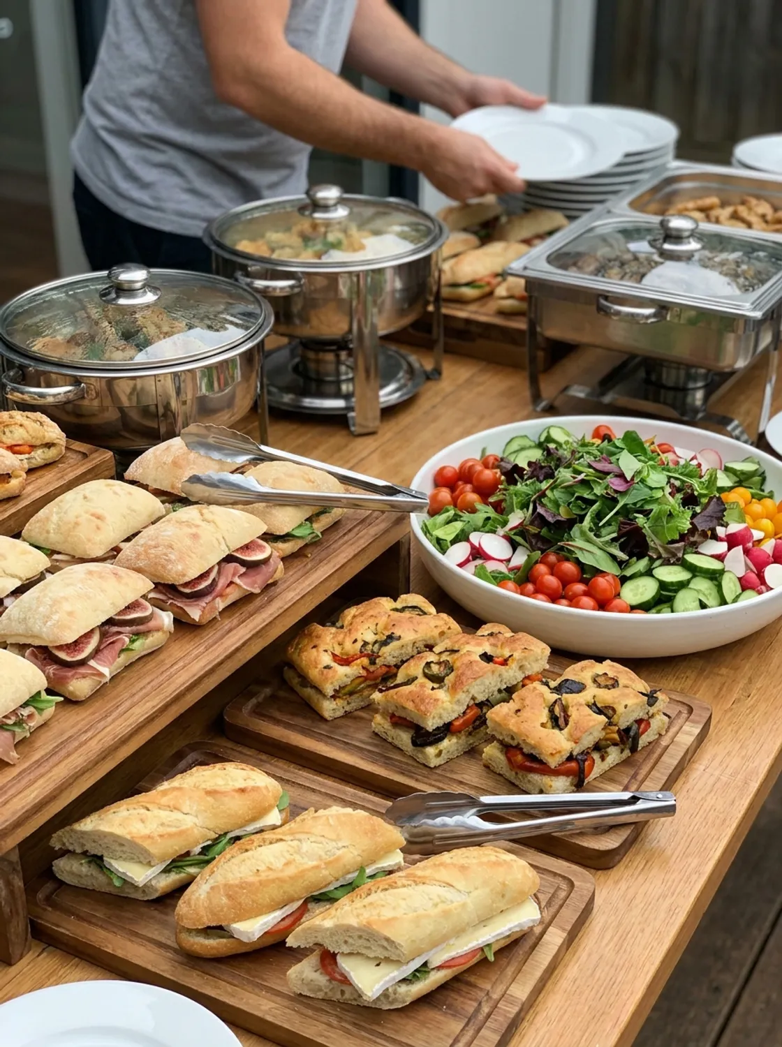 Close-up of wrapped hot sandwiches, chips, and cold drinks on a folding table at a volunteer event.